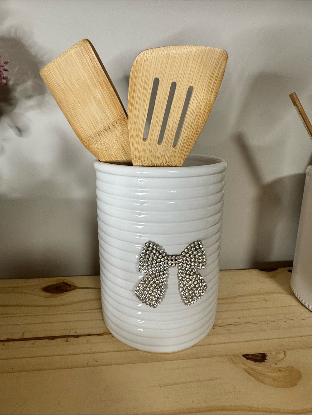 Ceramic Utensil Holder with Crystal Bow - White Handmade Bling